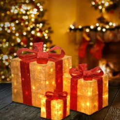 Pre-Lit Gold Gift Boxes, Set of Three, 105 White Lights