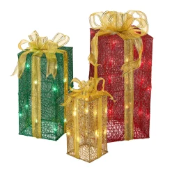 Pre-Lit Multicolor Gift Boxes, Set of Three, White Lights