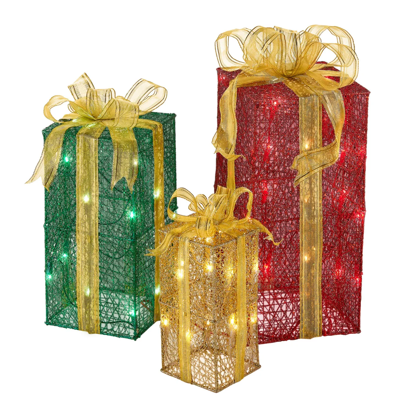 Pre-Lit Multicolor Gift Boxes, Set of Three, White Lights
