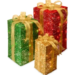 Pre-Lit Multicolor Gift Boxes, Set of Three, White Lights