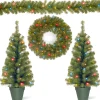 Pre-Lit Promotional Green Assortment Set of 2 Entrance Trees, 1 Wreath, 1 Garland