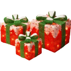 Pre-Lit Red and White Gift Boxes, Set of Three, White Lights
