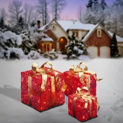 Pre-Lit Red Gift Box with Gold Bow, Set of Three, White Lights