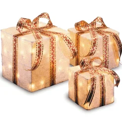 Pre-Lit White and Gold Gift Boxes, Set of Three, White Lights
