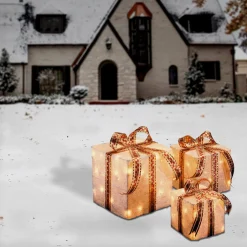 Pre-Lit White and Gold Gift Boxes, Set of Three, White Lights