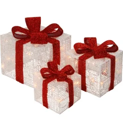 Pre-Lit White Gift Boxes, Set of Three, White Lights