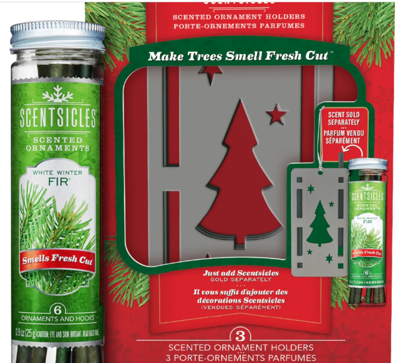 Scentsicles Trio Ornament Set of 3 and White Winter Fir Bottle of 6 Sticks