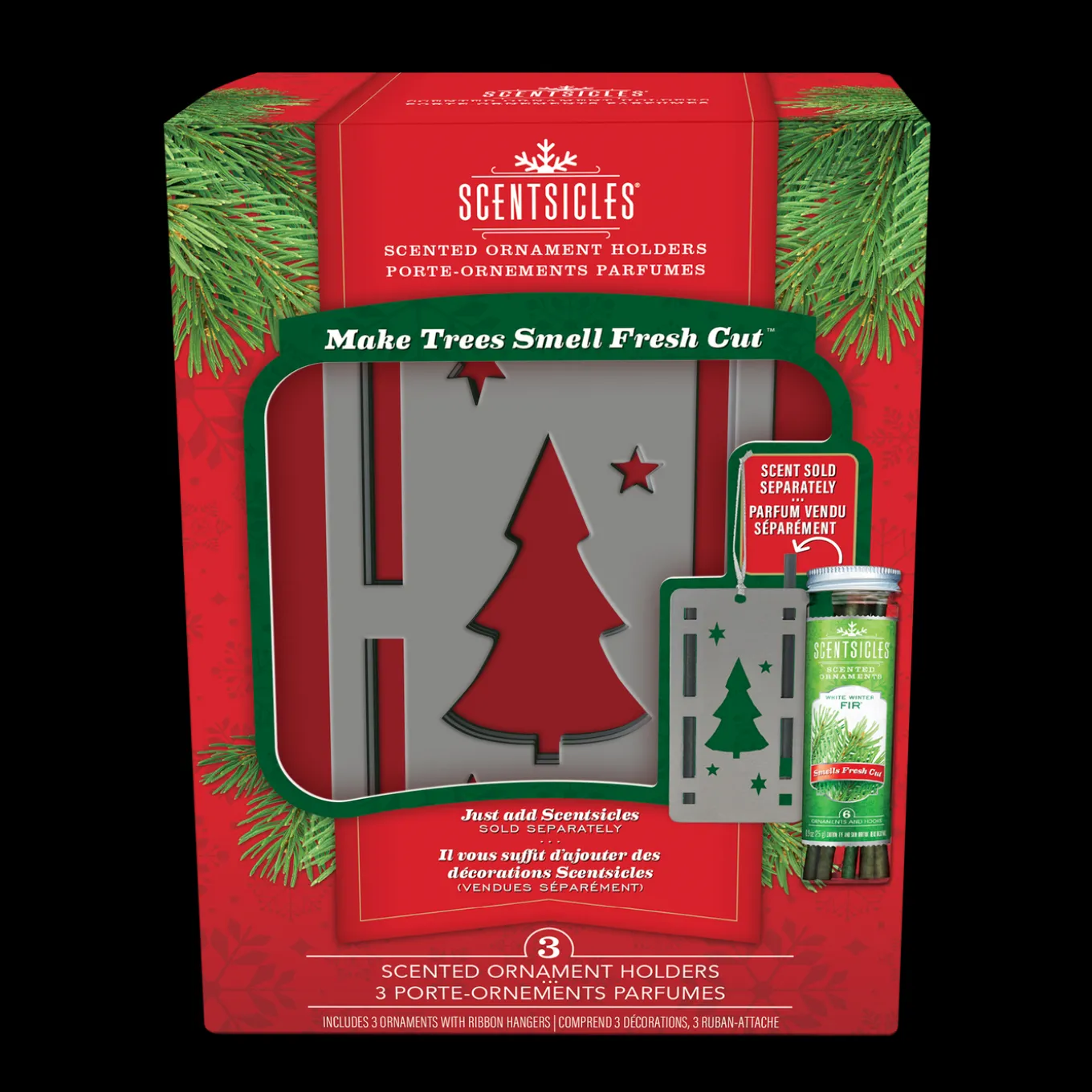 Scentsicles Trio Ornament Set of 3 and White Winter Fir Bottle of 6 Sticks